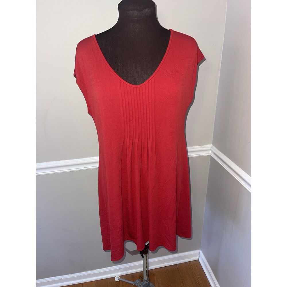 Eileen Fisher Silk Red Cap Sleeve Pleated Shift Dress Womens Sz L